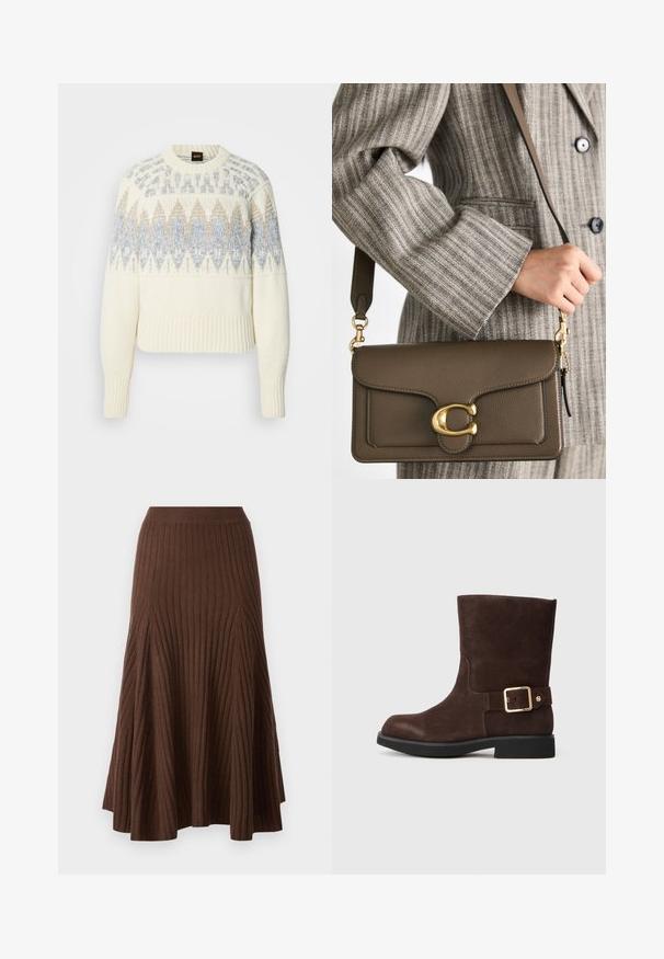 Kreminės spalvos megztinis iš mezginio su ribinėmis rankogaliais ir apačia, puoštas mėlynais ir smėlio spalvos geometriniais raštais krūtinės ir viršutinių rankovių srityje.; pure cashmere FLARED SKIRT - Trapecinis sijonas - dry lotus; Rudos zomšos aulinukai iki kulkšnies su apvaliu nosiu, plokščiu juodu padu ir auksiniu sagtimi šone. Sklandus paviršius ir paprastas dizainas.; COACH TABBY SHOULDER BAG 26 - Rankinė - dark stone