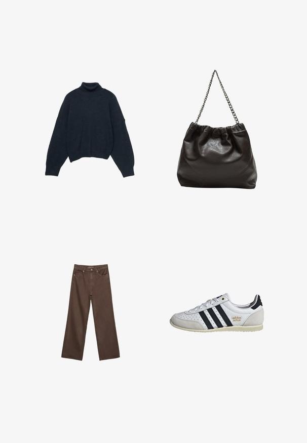 Tamnoplavi pulover s rolkom slobodnog kroja. Izrađen od mekane pletene tkanine, s spuštenim ramenima i skraćenim rubom.; Proširene smeđe traperice od denima, s visokim strukom, prednjim džepovima i klasičnom kopčom na dugme. Glatka tekstura s suptilnim šavovima.; Bijela tenisica s crnim prugama i zlatnim brendom. Ima od suede i kože, perforirani gornji dio i teksturiranu gumu kao potplat.; Smeđa kožna torba s naboranim vrhom i lančićem za nošenje. Glatka tekstura s sjajnim završetkom i suptilnim šavnim detaljima sa strane.