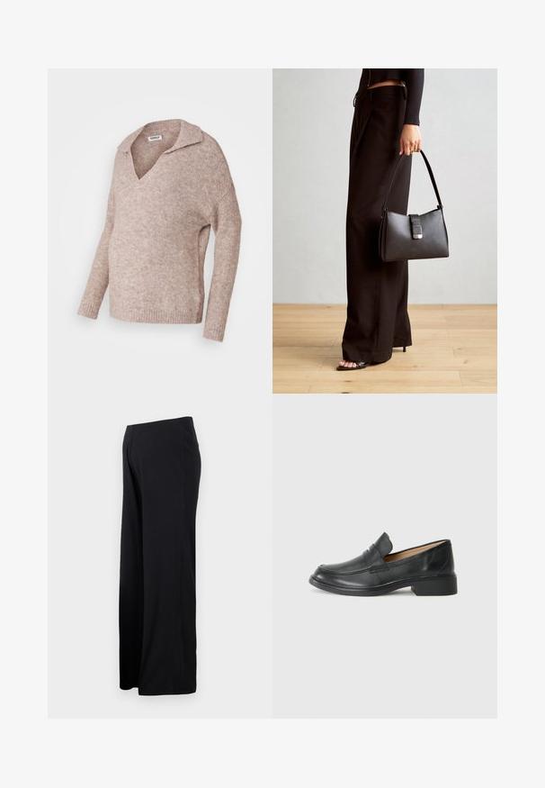 Jasno beżowy, dziany sweter z dekoltem w serek i kołnierzem. Miękka struktura, długie rękawy, luźny krój i ribbowe detale na dolnej krawędzi.; Czarne żebrowane spodnie szerokie z wysokim pasem. Materiał ma gładką teksturę, z zaznaczonymi detalami po bokach.; Czarny skórzany mokasyn z niskim obcasem, z haftowanym wzorem i wsuwaną stylistyką, na jednolitym białym tle.; Czarna torebka o usztywnionym kształcie, gładkiej fakturze i metalowym zapięciem. Połączona z szerokimi czarnymi spodniami i sandałami na otwartym palcu na drewnianej podłodze.