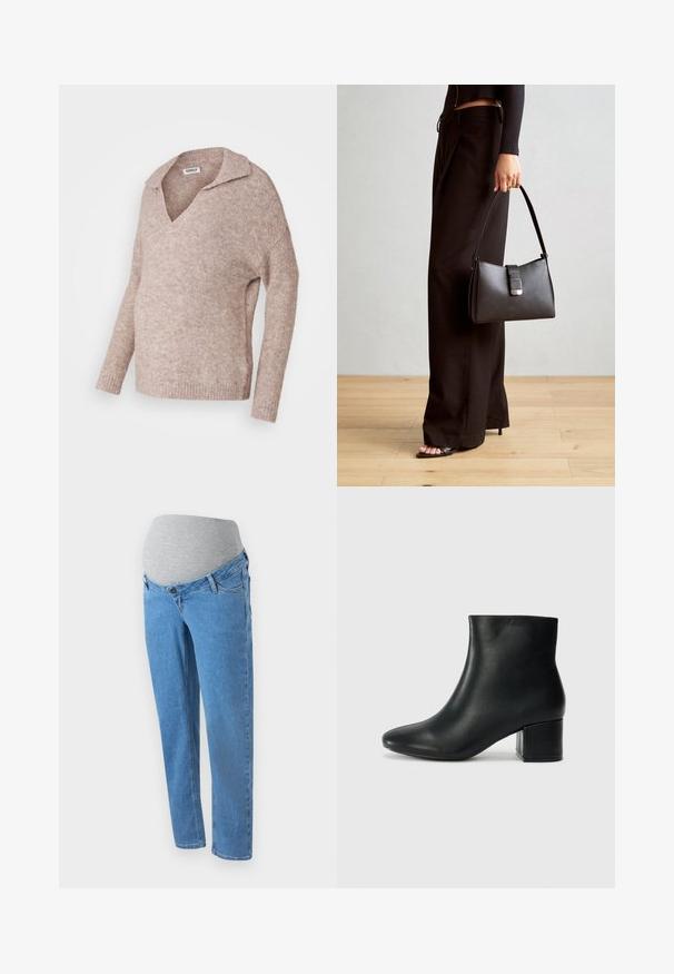 Hele beež värvelda, v-kaelusega ja kraega. Pehme tekstuur, pikad varrukad, lõdva istuvusega ja ribaga ääred.; Heledad sinised raseduse teksad veniva halli küljeplaadiga, esi-taskutega ja lõtvade lõikejoontega. Suurendatud denimitekstuur.; Mustad nahast pahkluu saapad terava varbaga ja jämeda kandaga. Sile tekstuur minimaalse aktsentidega ja stiilne, lihvitud disain.; Must musta kott, millel on struktureeritud kuju, sile tekstuur ja metallist klamber. Kombineeritud laiate mustade pükstega ja avatud varvaste sandaalidega puidust põrandal.