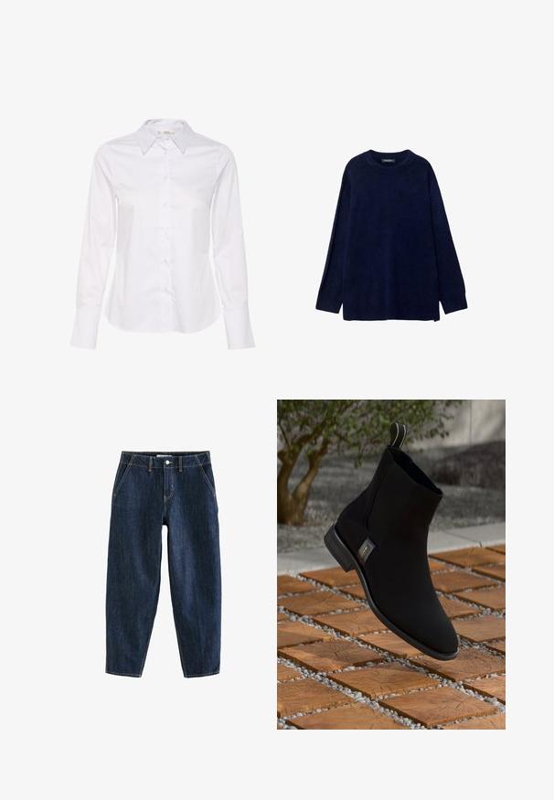 Mörkblå, stickad tröja med rund halsringning och långa ärmar. Har en lös passform och ribbat avslut. Mjuk textur med minimal detaljering.; Vit långärmad skjorta med en klassisk krage, knappstängning fram och rak fåll. Tillverkad av ett slätt tyg med en enkel design.; Mörkblå denimbyxor med lös passform, som har fem fickor, bältesöglor och kontrasterande gula sömmar. Rent, strukturerat tyg.; Svart fotledsstövlett med en slät tygöverkonstruktion, rund tå, låg klack och en liten gyllene detalj på sidan, visad på en strukturerad träyta.
