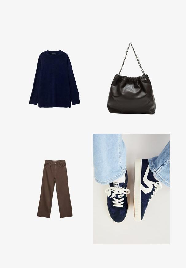 Námořnická modrá pletená svetr s kulatým výstřihem a dlouhými rukávy. Má volný střih a žebrovaný lem. Měkká textura s minimálními detaily.; Hnědé džíny s širokými nohavicemi vyrobené z denimu, s vysokým pasem, předními kapsami a klasickým zapínáním na knoflík. Hladká textura s jemným švem.; Tmavě modré tenisky vyrobené z nubuku a textilu, s bílými tkaničkami, texturovanou podrážkou a kontrastními detailem na boku.; Hnědá kožená taška se sbíraným vrškem a řetízkovým popruhem. Hladký povrch s lesklým finišem a jemným švem na bocích.