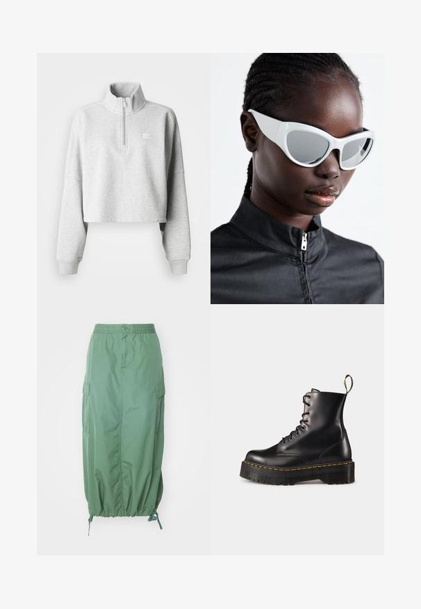 Sweatshirt scurt, de culoare gri deschis, cu guler înalt și fermoar pe jumătate. Are mâneci largi și un mic logo alb pe piept. Material din amestec de bumbac.; Carhartt WIP CARGO SKIRT - Fustă în formă de A - duck green rinsed; Botine din piele neagră, cu șireturi, până la gleznă, cu o talpă chunky neagră și cusături galbene. Dispune de o etichetă de tragere la spate și orificii metalice circulare.; Ochelari de soare albi cu un design îndrăzneț, supradimensionat și lentile reflectorizante, având rame din plastic neted și curbe accentuate.