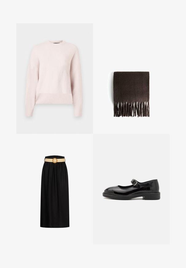 Világos rózsaszín pulóver kerek nyakkal és bordázott mandzsettával. Az anyag puhanak és kényelmesnek tűnik, alkalmas mindennapi viseletre.; Fekete midi szoknya puha anyagból, rugalmas derékrésszel és egy szőtt bézs övvel, amelynek kör alakú csatja van.; Fekete lakkbőr Mary Jane cipő kerek orral, állítható csatpánttal, alacsony blokk sarkúval és sima fényes felülettel.; Barna gyapjú sál, puha tapintással, téglalap alakú és rojtos szélekkel. Az anyag melegnek és kényelmesnek tűnik, a kényelem érdekében készült.