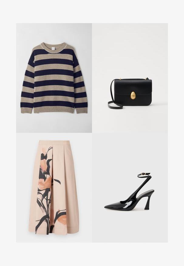 Suéter a rayas en beige y azul marino, hecho de material suave. Presenta un cuello redondo, hombros caídos y puños y dobladillo acanalados.; Falda plegada beige hecha de un material de mezcla de algodón, con un estampado floral abstracto en suaves tonos durazno y negro en un lado.; Tacan de charol negro con tacón alto de slingback, con punta afilada, correa ajustable en el tobillo y un tacón bloque moderado. Textura suave con acabado brillante.; Bolso de mano de cuero negro con forma rectangular estructurada. Presenta un cierre ovalado dorado y una delgada correa para el hombro. Textura suave.