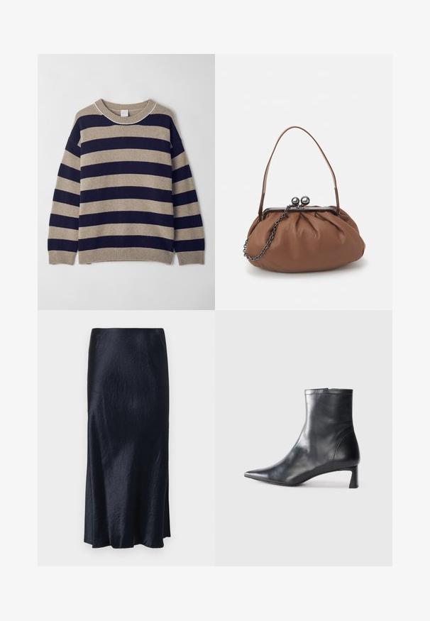 Pull rayé beige et marine, fabriqué à partir d'un matériau doux. Il présente un col rond, des épaules tombantes, et des bords-côtes aux poignets et à l'ourlet.; Jupe bleu marine de mi-longueur avec une texture lisse, un léger éclat et une fente sur le côté pour faciliter le mouvement. Présente un design minimaliste.; Bottine en cuir noir avec un bout pointu et un design épuré. Présente un petit talon et une fermeture éclair à l'arrière. Texture lisse.; Sac à main en cuir marron avec un design plissé, une courte poignée en cuir et une bandoulière en chaîne. Présente un fermoir en métal argenté avec deux accents ronds.