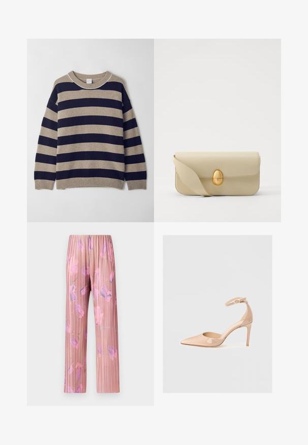 Striped sweater in beige and navy, made from soft material. Features a crew neck, dropped shoulders, and ribbed cuffs and hem.; MAX&Co. TOSCA - Trousers - pastel rose; Nude patent leather pointed-toe shoe with an ankle strap and a stiletto heel, featuring a smooth texture and minimalistic design.; Beige leather handbag with a smooth texture, rectangular shape, and a golden oval clasp. Features a long, adjustable strap.