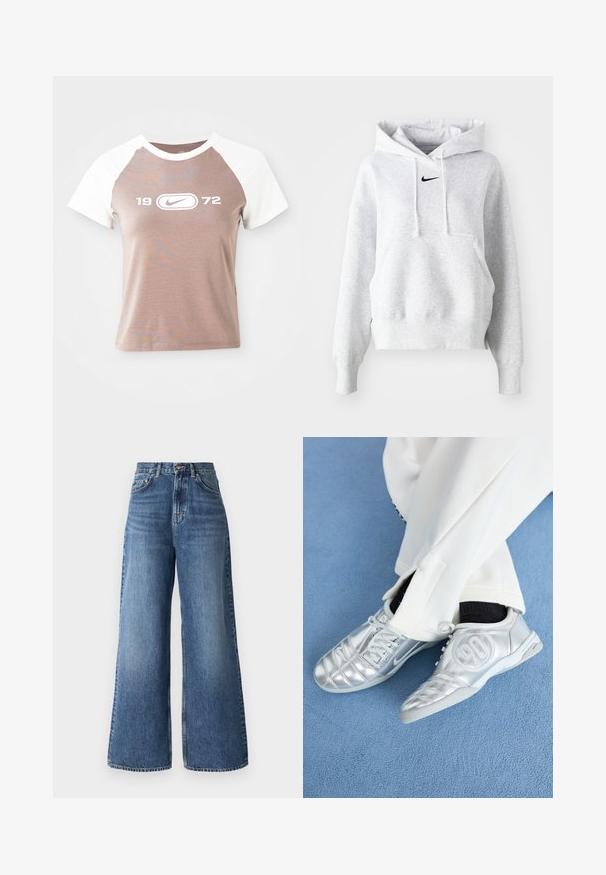 Corta-vento cinza em felpa com um bolso canguru à frente, capuz com cordão e um logótipo da Nike em preto no peito. Textura suave e ajuste descontraído.; T-shirt de mangas curtas com um corpo castanho claro e mangas raglan brancas, apresentando um grande logo gráfico branco e o ano "1972" centrado na frente.; Jeans de perna larga de cintura alta, feitos de denim azul claro, com um design clássico de cinco bolsos e um desbotado subtil ao longo das pernas.; Tênis atléticos prateados com um acabamento liso e brilhante, apresentando um design costurado e o número 90 na lateral, combinados com calças brancas.
