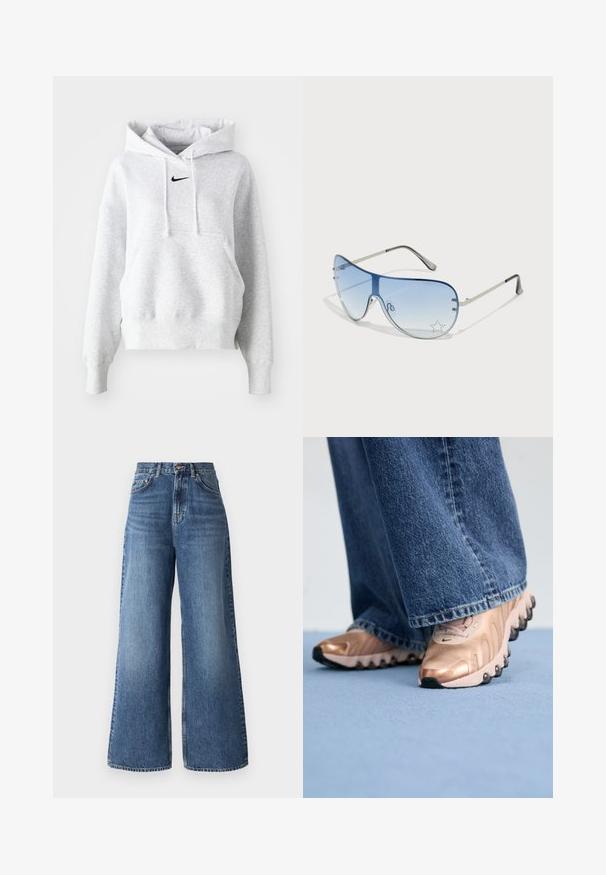 Hanorac din polar gri, cu buzunar frontal tip kangur, glugă cu șnur și un logo Nike negru pe piept. Textură moale și croială lejeră.; Jeans evazate cu talie înaltă, fabricate din denim de culoare bleu deschis, având un design clasic cu cinci buzunare și o ușoară decolorare pe picioare.; Adidași cu un superior metalic roz aurit și un design texturat, având talpă din cauciuc negru. Asortați cu blugi denim albastri cu picior larg.; Ochelari de soare aviator cu lentilă gradient albastră, ramă metalică argintie și accente decorative sub formă de stele pe lentilă. Design neted și elegant.