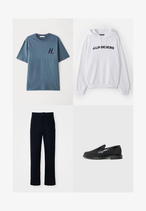 Sudadera blanca con un bolsillo frontal, capucha con cordón y un texto negro llamativo que dice "J. LINDEBERG" en el pecho. Textura de tela suave.; Camiseta de algodón azul de manga corta con un oscuro logo "HL" en el pecho. La tela tiene una textura suave y un cuello redondo.; Pantalones azul marino de algodón, con un diseño de pierna recta, cierre frontal de botón y una cintura clásica con pasadores para cinturón.; Zapato negro de tejido con un acento de cuero suave en la parte superior, diseño de punta redonda y suela de goma de perfil bajo.