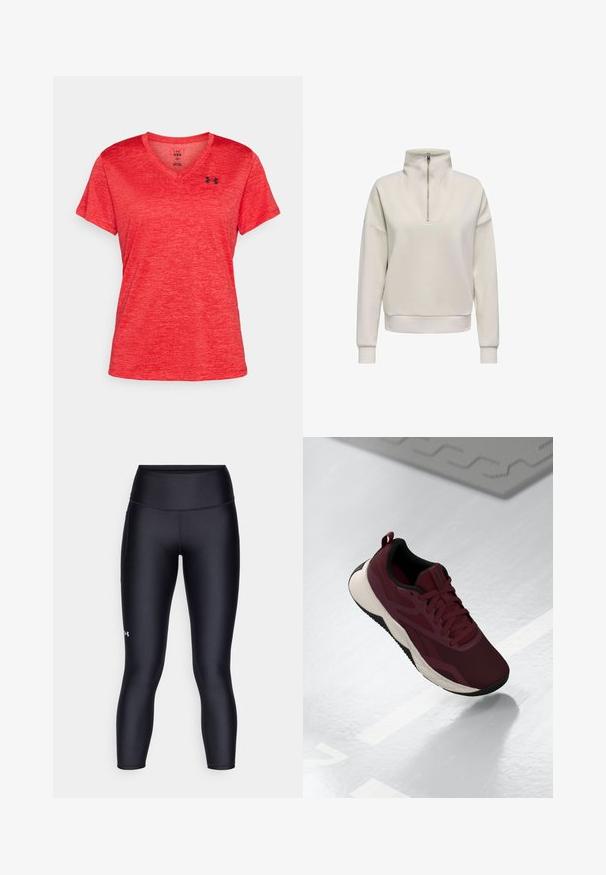 Svetlo bež pulover z half-zip ovratnikom, mehka tkanina, sproščen kroj, rebrasti manšeti in značilna V-oblikovana šiv na sprednji strani.; Under Armour TECH TWIST - Športne majice - racer red/black; Črne legice iz gladkega, raztegljivega materiala. Visok pas s tesnim prileganjem in majhnim logotipom na levi nogi.; Barevni športni čevlji v maroon barvi z mrežastim zgornjim delom, črnimi detajli in oblazinjenim belim podplatom. Imajo vezalni sistem in zanko na peti.