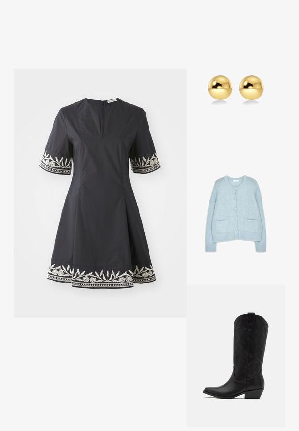 Gaiši zils, pūkains adīts kardigāns ar apaļu izgriezumu, sešām pogām un divām priekšējām kabatām. Ribota roku daļu un apakšmala.; Melnas kleitas ar pieguļošu augšu, izplesto svārku un īsām piedurknēm, kurām ir sarežģīti izšūti balti ziedu raksti pie aprocēm un apakšmalas.; Melnas ādas kovboju zābaks ar norādītu purngalu, zemu kaudzes papēdi un sarežģītu iegrimstošā lapu rakstu uz kājas. Cilpa augšā ērtai uzvilkšanai.; Zeltainas sfēriskas auskaru pušķis ar mirdzošu, atstarojošu virsmu. Dizains ir vienkāršs un gluds, radot modernu, minimālistisku izskatu.