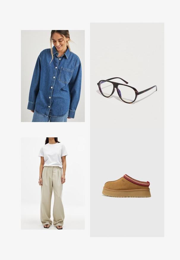 Cardigan a maglia azzurro chiaro, morbido e peloso, con scollatura tonda, chiusura a sei bottoni e due tasche frontali. Polsini e orlo a costine.; Camicia in denim blu con apertura frontale a bottoni, taschino sul petto e maniche lunghe. Presenta una vestibilità rilassata e una leggera scoloritura.; Pantaloni beige a gamba larga con pieghe frontali e una texture liscia, abbinati a una t-shirt bianca in cotone aderente. Infradito neri completano il look.; Scarpa slip-on in suede marrone con bordi a motivo rosso e crema, suola testurizzata e logo UGG di lato. Presenta un leggero rialzo della suola.; Occhiali tartarugati con montatura rettangolare oversize. Lenti trasparenti e finitura liscia e lucida contrastano con le estremità delle tempie opache.; Borsa a tracolla intrecciata color beige con forma triangolare e manici annodati. Superficie testurizzata con un evidente motivo intrecciato. Scomparto interno con zip.