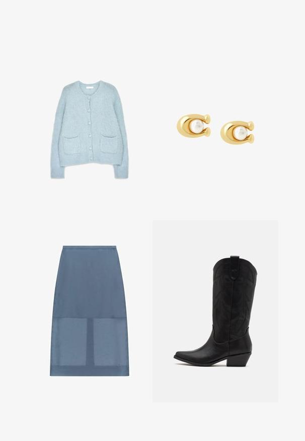 Jasnoniebieski, puszysty sweter z dzianiny z okrągłym dekoltem, sześcioma guzikami z przodu oraz dwiema kieszeniami z przodu. Żebrowane mankiety i dół.; Niebieska, do kolan spódnica z gładkiego, lekkiego materiału z przezroczystą dolną częścią oraz prostym, prostym krojem. Brak widocznych zapięć.; Czarne skórzane kowbojskie buty z wydłużonym noskiem, niskim, szczotkowanym obcasem oraz misternym tłoczonym wzorem liści na cholewie. Pętla u góry ułatwiająca zakładanie.; Złote kolczyki z okrągłą białą perłą w centrum, zaprojektowane w gładkim, zaokrąglonym kształcie z subtelnymi akcentami.