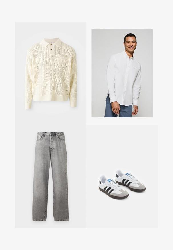 Lyscreme strikket pullover med et tekstureret mønster, to-knap strop og en brystlomme. Har ribbede manchetter og kant.; Hvid langærmet skjorte med knapper og et lille logo på brystet, samt lyseblå bukser. Glat stof med klassisk krave.; Grå vidde jeans lavet af denim. Har en høj talje, fem lommer og en knap- og lynlåslukning. Subtil falmning på stoffet.; Sportsko med en overdel i hvid læder, grå ruskind på tåen og tre sorte striber. Har et blåt logo på tungen og en struktureret gummisål.