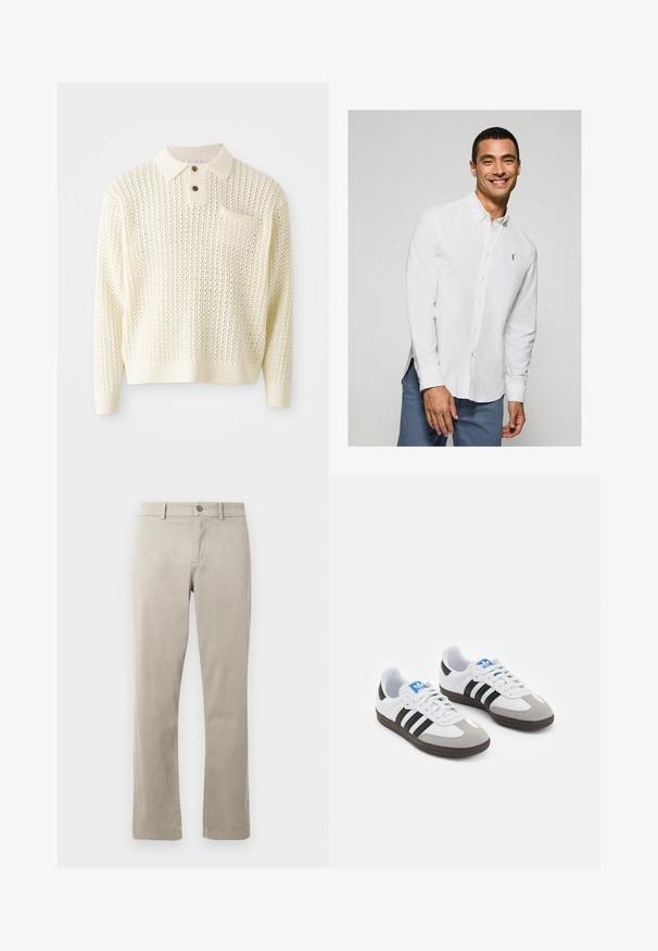 Pull en tricot couleur crème clair avec un motif texturé, patte de boutonnage à deux boutons et poche poitrine. Il possède des poignets et un ourlet côtelés.; Chemise blanche à manches longues avec un petit logo sur la poitrine, accompagnée d'un pantalon bleu clair. Tissu lisse avec un col classique.; Chinos en coton beige avec une coupe droite, dotés d'une fermeture boutonnée et de poches avant. Texture lisse avec des détails de couture subtils.; Baskets avec une tige en cuir blanc, un bout en daim gris et trois bandes noires. Présente un logo bleu sur la languette et une semelle en caoutchouc texturée.