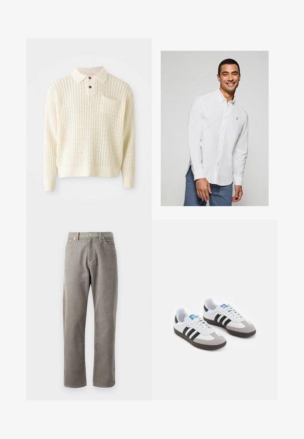 Suéter de punto color crema claro con un patrón texturizado, tapeta de dos botones y un bolsillo en el pecho. Presenta puños y dobladillo acanalados.; Camisa de botones de manga larga blanca con un pequeño logo en el pecho, combinada con pantalones azul claro. Tejido suave con un cuello clásico.; Pantalones de pana grises con corte recto, que cuentan con una cintura alta, bolsillos frontales y una textura sutil de canalé vertical.; Zapatillas deportivas con parte superior de piel blanca, puntera de ante gris y tres rayas negras. Presentan un logo azul en la lengüeta y una suela de goma texturizada.