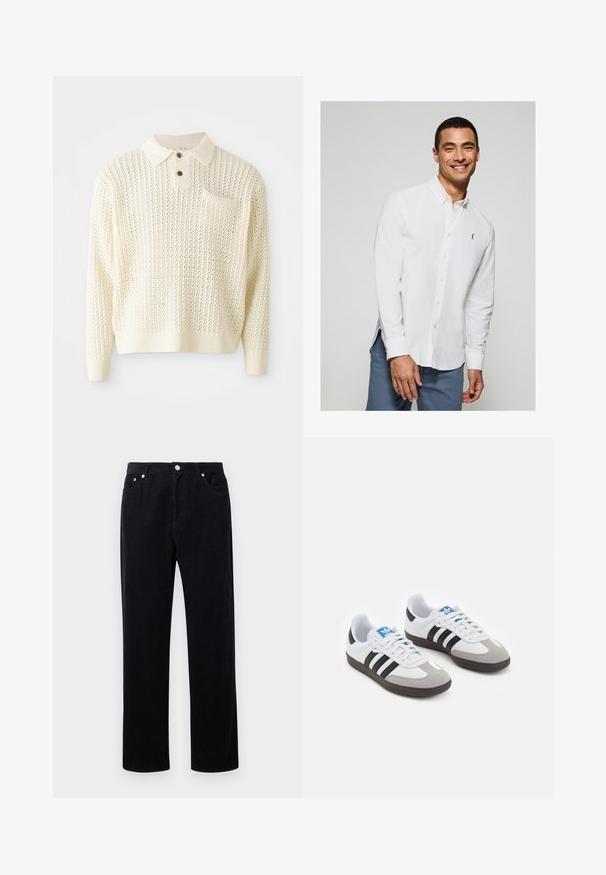 Pullover lavorato a maglia color crema chiaro con un motivo testurizzato, placket con due bottoni e tasca sul petto. Presenta polsini e orlo a coste.; Camicia bianca a maniche lunghe con bottoni e un piccolo logo sul petto, abbinata a pantaloni azzurri chiari. Tessuto liscio con colletto classico.; Pantaloni in corduroy neri con design a gamba dritta, caratterizzati da una chiusura con bottone e zip, cinque tasche e un tessuto morbido e testurizzato.; Scarpe sportive con tomaia in pelle bianca, punta in suede grigia e tre strisce nere. Presentano un logo blu sulla linguetta e una suola in gomma testurizzata.