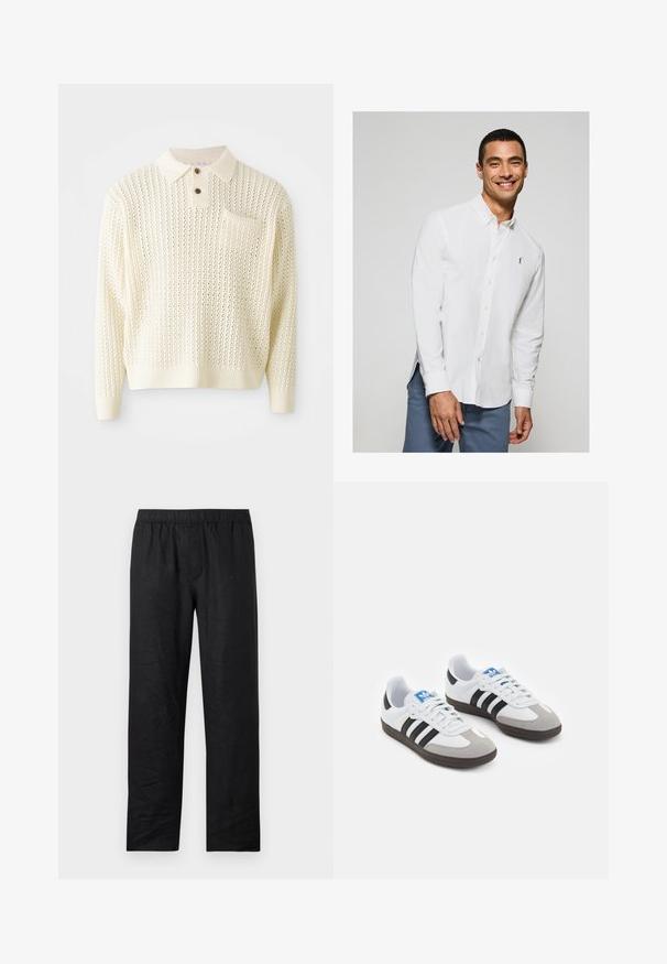 Lyscreme strikket pullover med et tekstureret mønster, to-knap strop og en brystlomme. Har ribbede manchetter og kant.; Hvid langærmet skjorte med knapper og et lille logo på brystet, samt lyseblå bukser. Glat stof med klassisk krave.; Sorte linnedragt med løs pasform, der har en elastisk talje og lige ben. Glat tekstur, ingen synlige mønstre eller accenter.; Sportsko med en overdel i hvid læder, grå ruskind på tåen og tre sorte striber. Har et blåt logo på tungen og en struktureret gummisål.