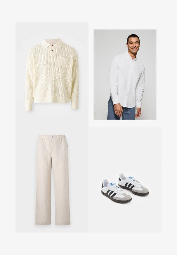 Lichte crème gebreide pullover met een textuurpatroon, een placket met twee knopen en een borstzak. Heeft geribbelde manchetten en een zoom.; Wit overhemd met lange mouwen en knopen, voorzien van een klein logo op de borst, gecombineerd met lichtblauwe broek. Gladde stof met een klassieke kraag.; Belstaff FORGE - Broek - stone beige; Sportschoenen met een witte leren bovenkant, grijze suède neus en drie zwarte strepen. Bevat een blauw logo op de tong en een gestructureerde rubberen zool.
