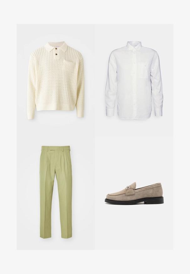 Suéter de punto color crema claro con un patrón texturizado, tapeta de dos botones y un bolsillo en el pecho. Presenta puños y dobladillo acanalados.; Camisa blanca de manga larga hecha de algodón, con cuello abotonado, bolsillo frontal y corte regular. Tejido texturizado con una superficie suave.; Pantalones en verde claro, hechos de una tela suave, con una cintura alta, doble pinza y patas rectas con un acabado ajustado.; Mocasines de ante beiges con suela plana negra, que presentan una hebilla decorativa plateada y sutiles detalles de costura en la parte superior.