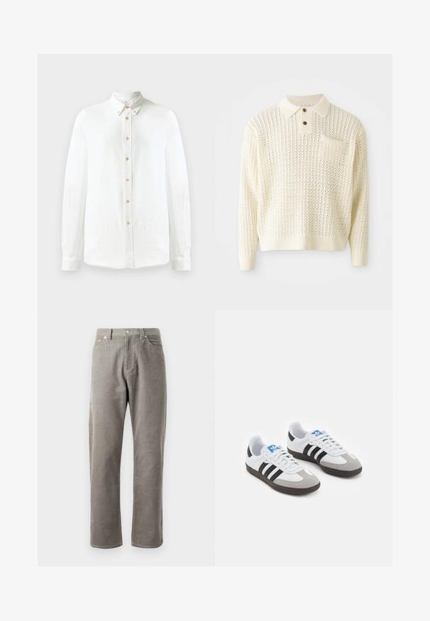 Light cream knitted pullover with a textured pattern, two-button placket, and a chest pocket. Features ribbed cuffs and hem.; White long-sleeve button-up shirt made of soft fabric, featuring a classic collar, a row of round brown buttons, and buttoned cuffs.; Gray corduroy pants with straight-leg cut, featuring a high waistband, front pockets, and subtle vertical ribbed texture.; Sport shoes with a white leather upper, gray suede toe, and three black stripes. Features a blue logo on the tongue and a textured rubber sole.