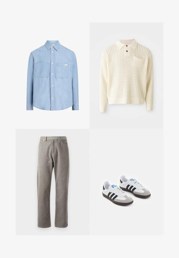 Hele kreemikas kudumine särk tekstuuriga mustriga, kahekohaline nööbiplokk ja rinnaTasku. Omab soonikuid mansette ja helmi.; Soehene sinine triiksärk, mis on valmistatud denimpahest, millel on terav krae, kaks rinnaTaskut ja väike logo silt vasakul taskul.; Hallüütuskraadi külgedelt sirge lõikega hallid korduroo püksid, kõrge talje, esi-taskud ja peene vertikaalne soonik tekstuur.; Spordijalatsid valge nahkpealsega, halli nubuk-naha otsaga ja kolme musta triibuga. Omab sinist logo keele peal ja struktureeritud kummitalda.