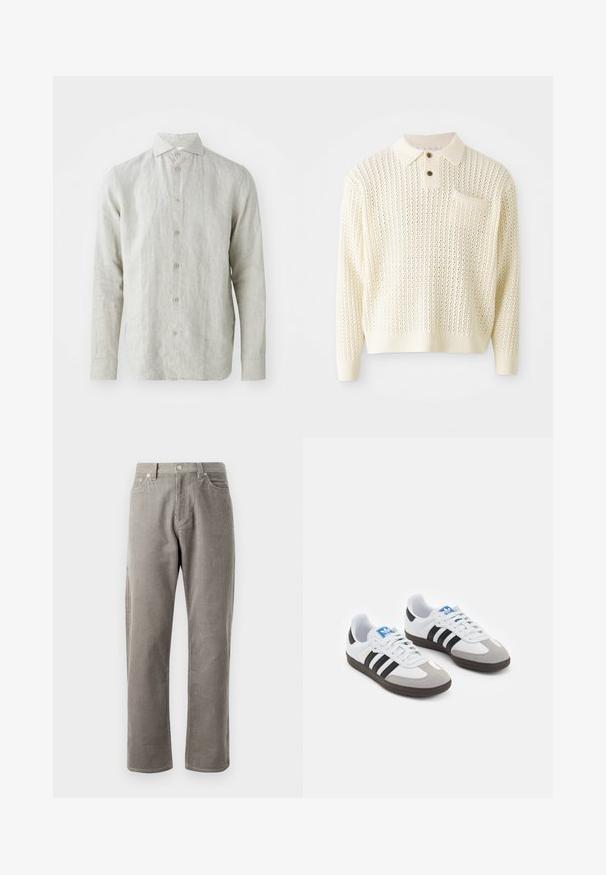 Svetlý krémový pletený pulóver s textúrovaným vzorom, zapínaním na dva gombíky a vreckom na hrudi. Obsahuje rebrované manžety a spodný lem.; Svetlo šedá ľanová košeľa s gombíkovým zapínaním, klasickým golierom a dlhými rukávmi. Obsahuje jemnú štruktúru a päť hnedých gombíkov.; Sivé kordové nohavice so strihom rovného strihu, s vysokým pásom, prednými vreckami a jemnou vertikálnou ribbovou textúrou.; Športové topánky s bielym koženým zvrškom, šedou semišovou špičkou a tromi čiernymi pruhmi. Obsahujú modré logo na jazyku a štruktúrovanú gumovú podrážku.