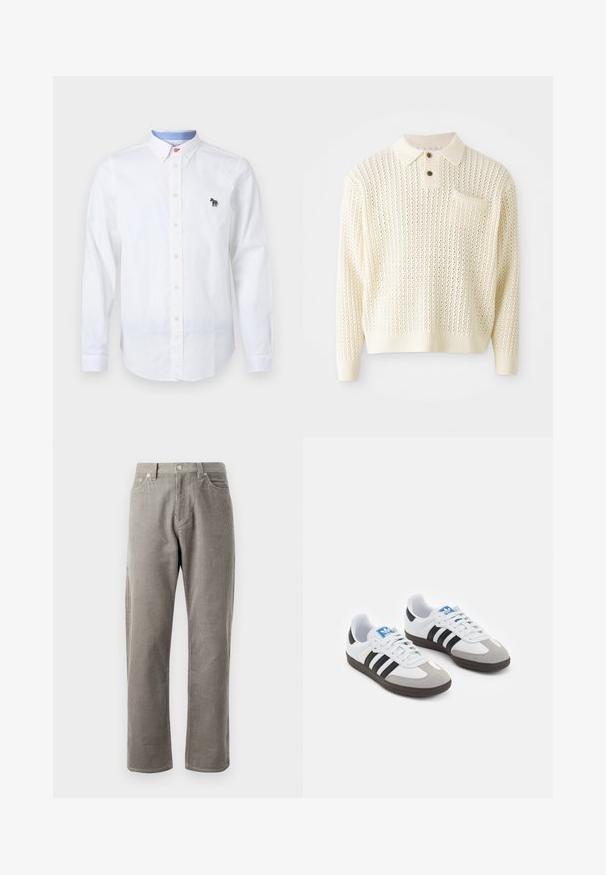 Pull en tricot couleur crème clair avec un motif texturé, patte de boutonnage à deux boutons et poche poitrine. Il possède des poignets et un ourlet côtelés.; Chemise blanche à boutons en coton, dotée d'un col, de manches longues et d'un logo zèbre coloré brodé sur la poitrine.; Pantalons en velours côtelé gris avec une coupe droite, dotés d'une taille haute, de poches avant et d'une texture côtelée verticale subtile.; Baskets avec une tige en cuir blanc, un bout en daim gris et trois bandes noires. Présente un logo bleu sur la languette et une semelle en caoutchouc texturée.