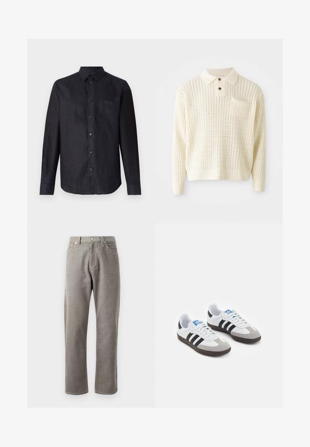 Világos krém színű, kötött pulóver texturált mintával, két gombos nyílással és zsebbeli zsebbel. Ribbelt mandzsetták és szegély jellemzi.; Fekete, hosszú ujjú ing struktúrált anyagból, gombos elülső résszel, klasszikus gallérral és bal oldali mellzsebből.; Szürke kordbársony nadrág egyenes szabású szabással, magas derékkal, elülső zsebekkel és finom függőleges bordázott textúrával.; Fehér bőr felsőrészes sportcipő, szürke velúrból készült orral és három fekete csíkkal. Jellemzője a kék logó a nyelvén és egy texturált gumitalp.