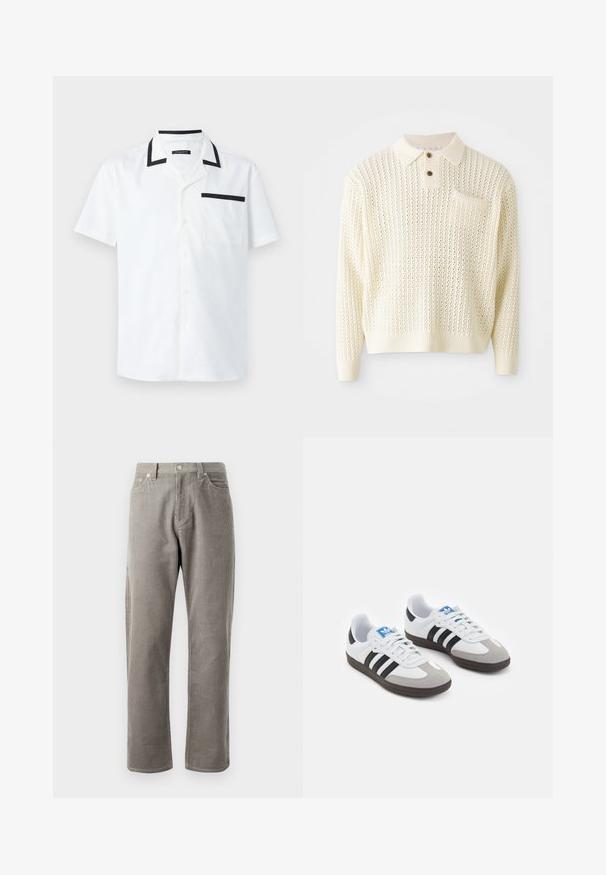 Suéter de punto color crema claro con un patrón texturizado, tapeta de dos botones y un bolsillo en el pecho. Presenta puños y dobladillo acanalados.; Camisa blanca de manga corta hecha de tela, con cuello negro y ribete en el bolsillo, con cierre frontal de botones y un diseño limpio y minimalista.; Pantalones de pana grises con corte recto, que cuentan con una cintura alta, bolsillos frontales y una textura sutil de canalé vertical.; Zapatillas deportivas con parte superior de piel blanca, puntera de ante gris y tres rayas negras. Presentan un logo azul en la lengüeta y una suela de goma texturizada.