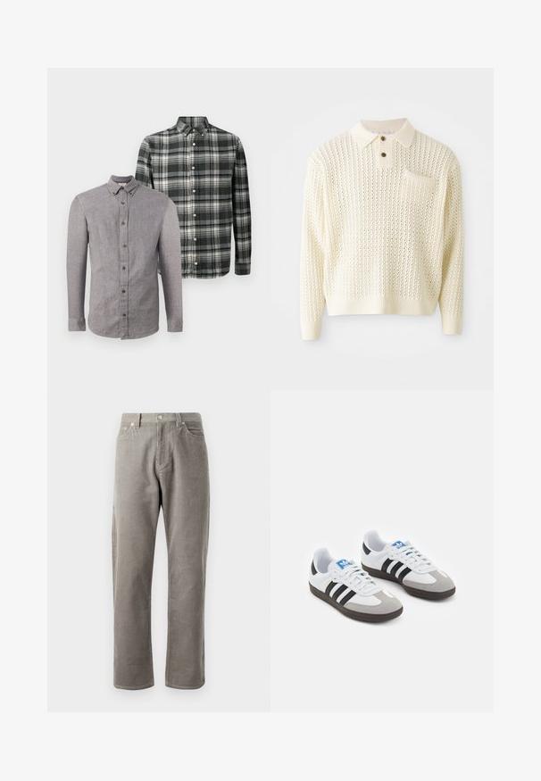 Hellcreme gestrickter Pullover mit strukturiertem Muster, zwei Knöpfen und einer Brusttasche. Verfügt über gerippte Bündchen und Saum.; Zwei langärmelige Hemden mit Knöpfen, eines in einfarbig Grau und das andere im schwarz-weißen Karo, vor einem schlichten weißen Hintergrund präsentiert.; Grau karierte Hose mit geradem Schnitt, einem hohen Bund, frontalen Taschen und subtiler vertikaler Rippstruktur.; Sportschuhe mit einem Obermaterial aus weißem Leder, grauer Wildleder-Zehenkappe und drei schwarzen Streifen. Sie verfügen über ein blaues Logo auf der Zunge und eine strukturierte Gummisohle.