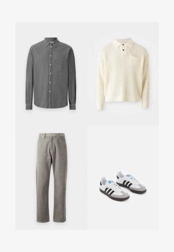 Šviesiai grietinėlės spalvos megztas puloveris su tekstūruotu raštu, dviem mygtukais priekyje ir krūtine kišene. Ypatybių: rifliuotos rankogaliai ir apykaklė.; Pilkas ilgomis rankovėmis mygtukais užsegamas marškinis, pagamintas iš minkštos medžiagos, su klasikinio tipo apykakle, vienu krūtiniu kišenėje ir standartiniu mygtukų užsegimu.; Pilkos kordūrinės kelnės su tiesiu kirpimu, turinčios aukštą juosmenį, priekines kišenes ir subtilią vertikalią juostuotą tekstūrą.; Sportiniai batai su balta odine viršutine dalimi, pilku zomšiniu priekiu ir trimis juodomis juostelėmis. Ant liežuvio yra mėlynas logotipas, o padas pagamintas iš tekstūruoto gumos.