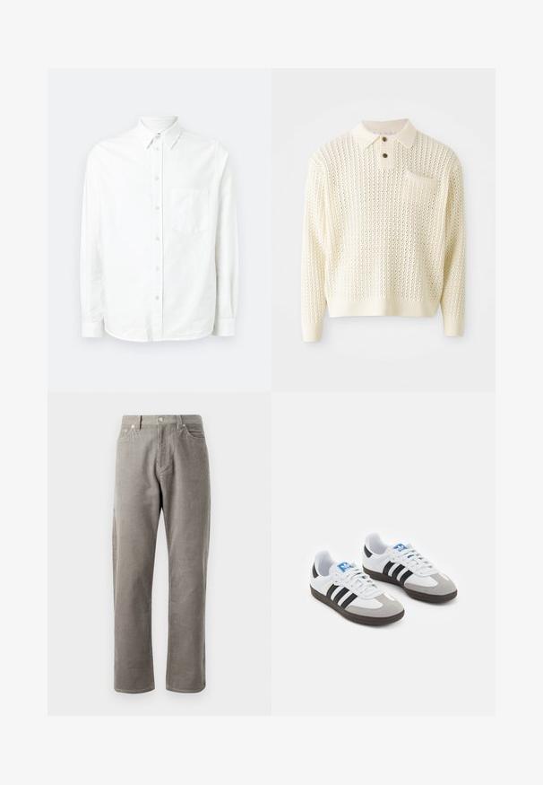 Pulover tricotat de culoare crem deschis, cu un model texturat, guler cu două nasturi și un buzunar pe piept. Prezintă manșete și tiv cu aşezare în relief.; Cămășă albă cu mâneci lungi, cu nasturi, realizată dintr-un material ușor. Are un buzunar în față, guler clasic și o textură subtilă.; Pantaloni din corduroy gri, cu croială dreaptă, având talie înaltă, buzunare frontale și o textura subtilă cu nervuri verticale.; Încălțăminte sport cu un superior din piele albă, vârf din suede gri și trei dungi negre. Prezintă un logo albastru pe limbă și o talpă din cauciuc texturat.
