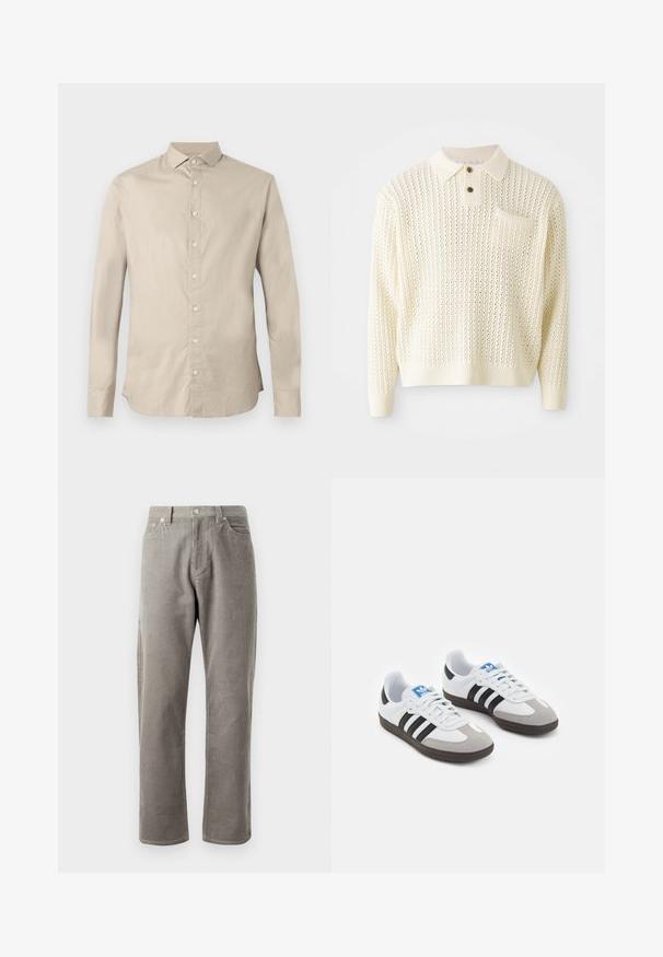 Jasna kremowa dzianinowa bluza z teksturowanym wzorem, z podwójnym zapięciem na guziki oraz kieszenią na piersi. Posiada ściągacze na mankietach i u dołu.; Beżowa koszula z długim rękawem, zapinana na guziki, z ostrym kołnierzykiem, sześcioma guzikami z przodu i dopasowanym krojem.; Szare spodnie z korduroju o prostym kroju nogawek, z wysokim stanem, kieszeniami z przodu i subtelną, pionową teksturą prążkowaną.; Buty sportowe z białą skórzaną cholewką, szarym zamszowym noskiem i trzema czarnymi paskami. Posiadają niebieskie logo na języku oraz teksturowaną gumową podeszwę.