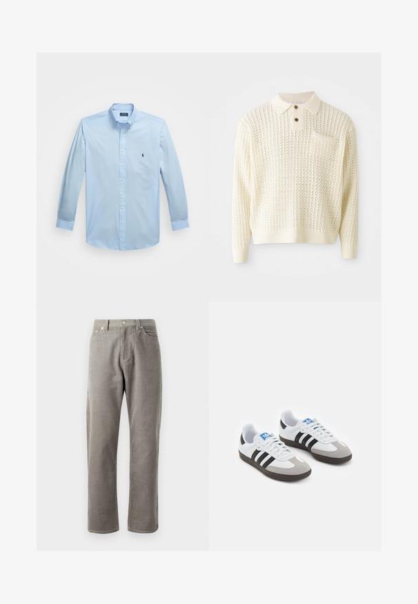 Lys kremfarget strikket genser med strukturskjema, to-knappers stolpe og brystlomme. Har ribbestrikket mansjetter og nederkant.; Lyseblå langermet skjorte med knapper laget av glatt stoff, med krage som kan kneppes ned og en liten brodert logo på venstre bryst.; Grå kordfløjlsbukser med lige ben, som har høj talje, frontlommer og en subtil vertikal ribbet tekstur.; Sportssko med en hvit skinnoverdel, grå semsket tå og tre svarte striper. Har en blå logo på tungen og en teksturert gummisåle.