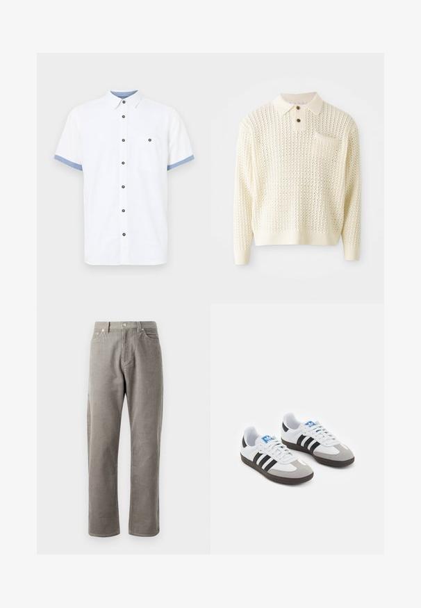 Lys kremfarget strikket genser med strukturskjema, to-knappers stolpe og brystlomme. Har ribbestrikket mansjetter og nederkant.; Kortermet hvit skjorte, bomullsstoff, knappe-oppsett, blå detaljer på ermene, enkelt brystlomme, fem mørke knapper.; Grå kordfløjlsbukser med lige ben, som har høj talje, frontlommer og en subtil vertikal ribbet tekstur.; Sportssko med en hvit skinnoverdel, grå semsket tå og tre svarte striper. Har en blå logo på tungen og en teksturert gummisåle.