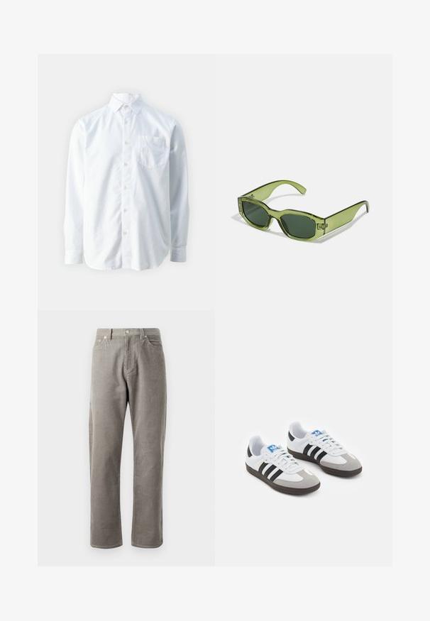 Svjetlosmeđi pleteni pulover s teksturiranim uzorkom, dvobotonim gumbima i džepom na prsima. Ima rebraste manšete i donji rub.; Guess COLLIN - Majica - pure white; Sive hlače od kordura s ravnim krojem, s visokim strukom, prednjim džepovima i suptilnom vertikalnom rebrastom teksturom.; Sportske cipele s gornjištem od bijele kože, sivi suedinasti nos i tri crne pruge. Imaju plavi logo na jeziku i teksturiranu gumenu podlogu.; Zelene prozirne sunčane naočale s pravokutnim okvirom, tamnozelenim lećama i logotipom sa strane. Glatka tekstura i moderan dizajn.