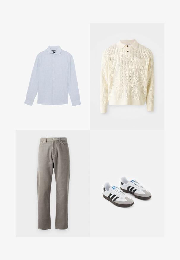Hellcreme gestrickter Pullover mit strukturiertem Muster, zwei Knöpfen und einer Brusttasche. Verfügt über gerippte Bündchen und Saum.; Hellblau gestreift, langärmliges Hemd mit Knopfverschluss, aus Baumwolle, mit Kragen und vertikalen Streifen.; Grau karierte Hose mit geradem Schnitt, einem hohen Bund, frontalen Taschen und subtiler vertikaler Rippstruktur.; Sportschuhe mit einem Obermaterial aus weißem Leder, grauer Wildleder-Zehenkappe und drei schwarzen Streifen. Sie verfügen über ein blaues Logo auf der Zunge und eine strukturierte Gummisohle.