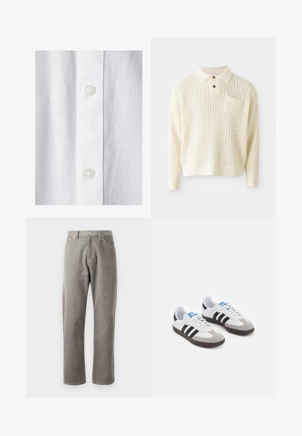Ljust krämfärgad stickad pullover med ett texturerat mönster, två knappar i halset och en bröstficka. Har ribbade ärmslut och nederkant.; Vit skjorta av texturerat tyg med en rak knapplist och två genomskinliga, runda knappar framtill.; Grå corduroy-byxor med rak benmodell, med hög midja, framficka och diskret vertikal ribbad textur.; Sportskor med överdel i vit läder, grå mocka på tårna och tre svarta ränder. Har en blå logotyp på tungan och en texturerad gummisula.