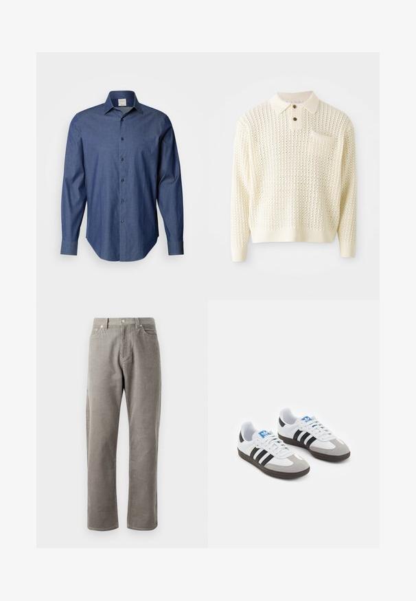 Suéter de punto color crema claro con un patrón texturizado, tapeta de dos botones y un bolsillo en el pecho. Presenta puños y dobladillo acanalados.; Camisa de botones azul oscuro hecha de una tela con una textura sutil. Presenta un cuello extendido y mangas largas con puños de botón.; Pantalones de pana grises con corte recto, que cuentan con una cintura alta, bolsillos frontales y una textura sutil de canalé vertical.; Zapatillas deportivas con parte superior de piel blanca, puntera de ante gris y tres rayas negras. Presentan un logo azul en la lengüeta y una suela de goma texturizada.