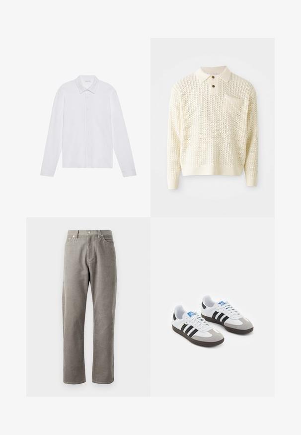 Light cream knitted pullover with a textured pattern, two-button placket, and a chest pocket. Features ribbed cuffs and hem.; White long-sleeve shirt with a pointed collar, front button closure, and rounded cuffs, featuring a smooth, soft fabric texture.; Gray corduroy pants with straight-leg cut, featuring a high waistband, front pockets, and subtle vertical ribbed texture.; Sport shoes with a white leather upper, gray suede toe, and three black stripes. Features a blue logo on the tongue and a textured rubber sole.