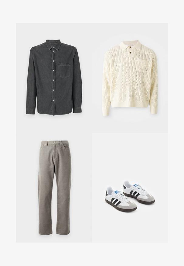 Pullover lavorato a maglia color crema chiaro con un motivo testurizzato, placket con due bottoni e tasca sul petto. Presenta polsini e orlo a coste.; Camicia button-up in denim grigio con maniche lunghe, colletto a punta, tasca frontale e bottoni bianchi. Texture morbida con una finitura leggermente sbiadita.; Pantaloni in corduroy grigio con taglio dritto, caratterizzati da una vita alta, tasche frontali e una sottile texture a righe verticali.; Scarpe sportive con tomaia in pelle bianca, punta in suede grigia e tre strisce nere. Presentano un logo blu sulla linguetta e una suola in gomma testurizzata.