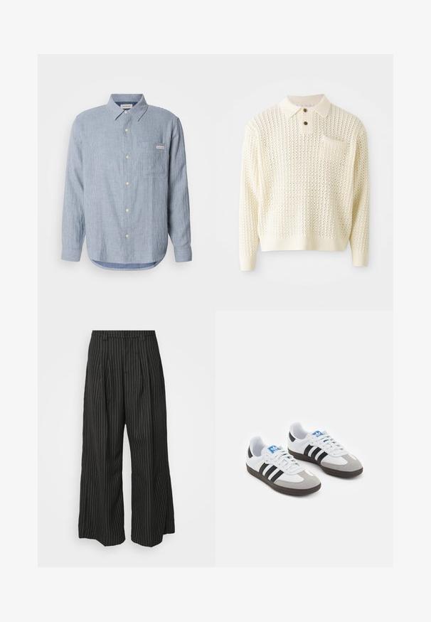 Ljust krämfärgad stickad pullover med ett texturerat mönster, två knappar i halset och en bröstficka. Har ribbade ärmslut och nederkant.; Ljusblå randig skjorta med knappar, i bomull, långärmad, spetsig krage, en bröstficka och logotypdetalj.; Svarta randiga byxor med vida ben och veck, som har en skräddarsydd design och en mjuk textur. Ingen synlig hårdvara eller detaljer.; Sportskor med överdel i vit läder, grå mocka på tårna och tre svarta ränder. Har en blå logotyp på tungan och en texturerad gummisula.