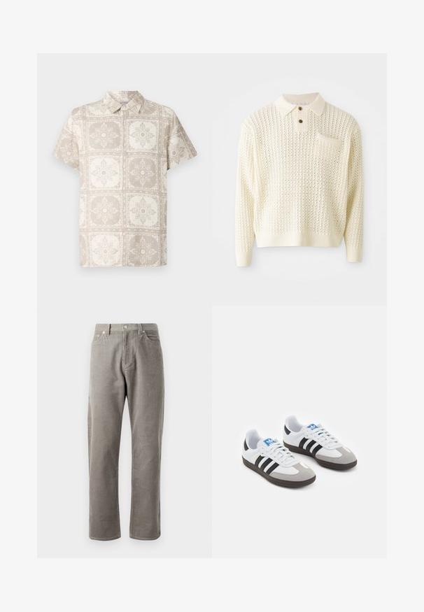 Suéter de punto color crema claro con un patrón texturizado, tapeta de dos botones y un bolsillo en el pecho. Presenta puños y dobladillo acanalados.; Camisa de botones de manga corta en beige con un patrón floral repetido. Fabricada con una tela ligera que tiene una apariencia natural y texturizada.; Pantalones de pana grises con corte recto, que cuentan con una cintura alta, bolsillos frontales y una textura sutil de canalé vertical.; Zapatillas deportivas con parte superior de piel blanca, puntera de ante gris y tres rayas negras. Presentan un logo azul en la lengüeta y una suela de goma texturizada.