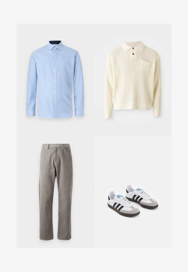 Jasna kremowa dzianinowa bluza z teksturowanym wzorem, z podwójnym zapięciem na guziki oraz kieszenią na piersi. Posiada ściągacze na mankietach i u dołu.; Koszula z długim rękawem zapinana na guziki w jasnoniebieskim kolorze z małym wzorem w kratkę, białymi guzikami i kontrastowym ciemnoniebieskim kołnierzykiem. Miękka w dotyku.; Szare spodnie z korduroju o prostym kroju nogawek, z wysokim stanem, kieszeniami z przodu i subtelną, pionową teksturą prążkowaną.; Buty sportowe z białą skórzaną cholewką, szarym zamszowym noskiem i trzema czarnymi paskami. Posiadają niebieskie logo na języku oraz teksturowaną gumową podeszwę.