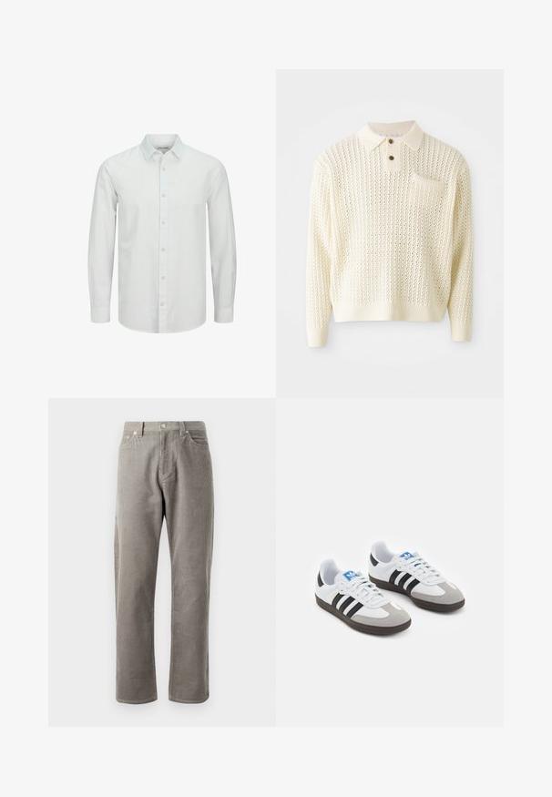 Šviesiai grietinėlės spalvos megztas puloveris su tekstūruotu raštu, dviem mygtukais priekyje ir krūtine kišene. Ypatybių: rifliuotos rankogaliai ir apykaklė.; Balta ilgomis rankovėmis mygtukinė marškiniai, pagaminti iš lengvos medžiagos, su klasikiniu apykakle ir subtiliu raštu. Mygtukai to paties atspalvio.; Pilkos kordūrinės kelnės su tiesiu kirpimu, turinčios aukštą juosmenį, priekines kišenes ir subtilią vertikalią juostuotą tekstūrą.; Sportiniai batai su balta odine viršutine dalimi, pilku zomšiniu priekiu ir trimis juodomis juostelėmis. Ant liežuvio yra mėlynas logotipas, o padas pagamintas iš tekstūruoto gumos.