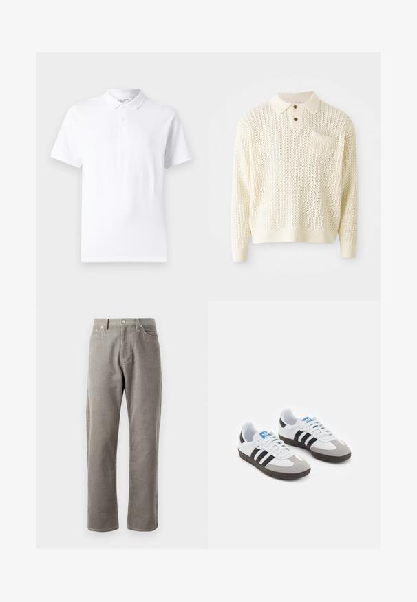 Lichte crème gebreide pullover met een textuurpatroon, een placket met twee knopen en een borstzak. Heeft geribbelde manchetten en een zoom.; Witte polo met een klassieke kraag, knoopsluiting met twee knopen, korte mouwen en een klein logo op de borst. Gemaakt van gladde stof.; Grijze corduroy broek met rechte pijpen, voorzien van een hoge tailleband, voorkoeken en een subtiele verticale ribbelstructuur.; Sportschoenen met een witte leren bovenkant, grijze suède neus en drie zwarte strepen. Bevat een blauw logo op de tong en een gestructureerde rubberen zool.