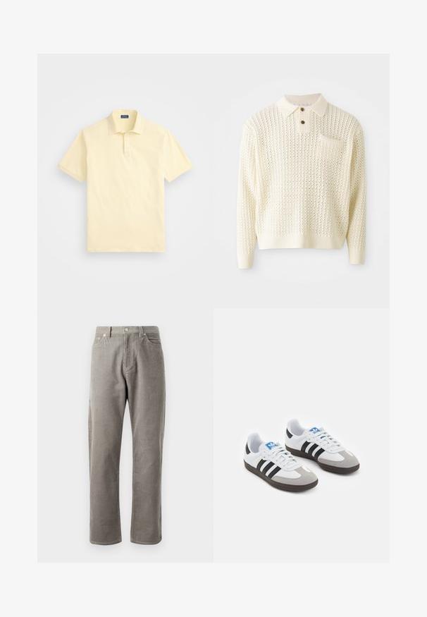 Šviesiai grietinėlės spalvos megztas puloveris su tekstūruotu raštu, dviem mygtukais priekyje ir krūtine kišene. Ypatybių: rifliuotos rankogaliai ir apykaklė.; Šviesiai geltonas polo marškinėliai, trumpomis rankovėmis, medvilnės audinys, klasikinis apykaklė, subtilus logotipas ant krūtinės, kontrastingas apykaklės kraštas.; Pilkos kordūrinės kelnės su tiesiu kirpimu, turinčios aukštą juosmenį, priekines kišenes ir subtilią vertikalią juostuotą tekstūrą.; Sportiniai batai su balta odine viršutine dalimi, pilku zomšiniu priekiu ir trimis juodomis juostelėmis. Ant liežuvio yra mėlynas logotipas, o padas pagamintas iš tekstūruoto gumos.