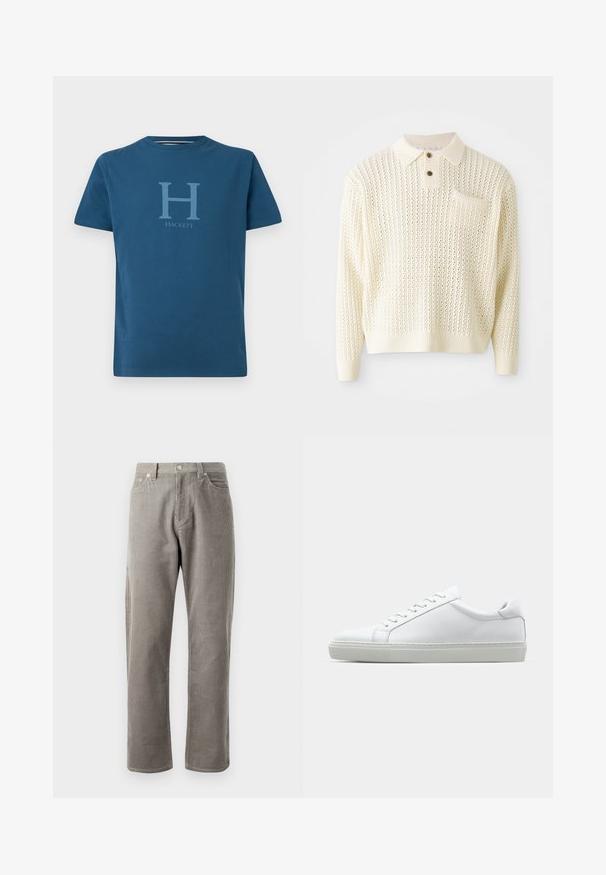 Pulôver de malha em creme claro com um padrão texturizado, fecho de dois botões e um bolso no peito. Apresenta punhos e bainha canelados.; Camiseta de algodão azul com decote redondo e mangas curtas, com um logotipo "H" azul claro e a palavra "Hackett" impressa abaixo.; Calças de veludo cotelê cinzas com corte reto, apresentando uma cintura alta, bolsos frontais e uma subtil textura ribete vertical.; Sapatilha branca com um cabedal em couro liso e de perfil baixo. Apresenta um bico redondo, seis ilhoses e uma sola de borracha texturizada.